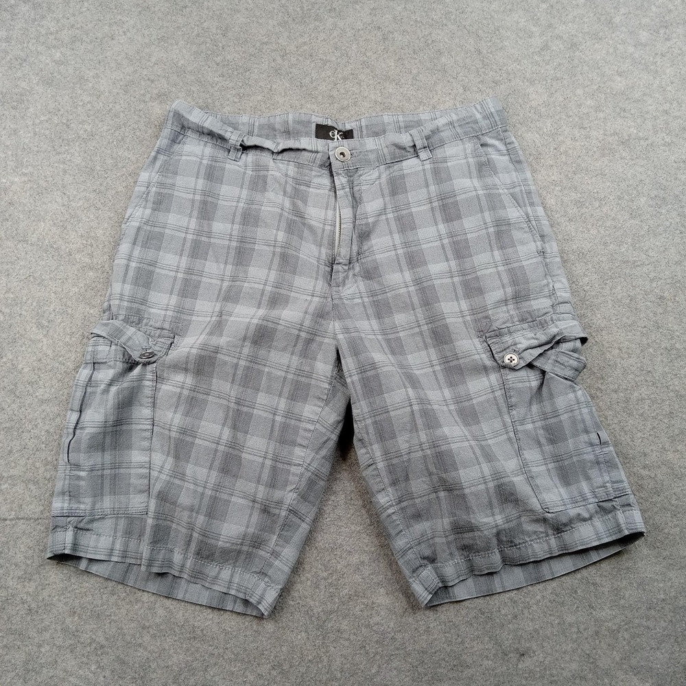 Calvin Klein Shorts Mens 32 Gray Plaid Cargo 11 Inseam‎ Cotton Casual Summer